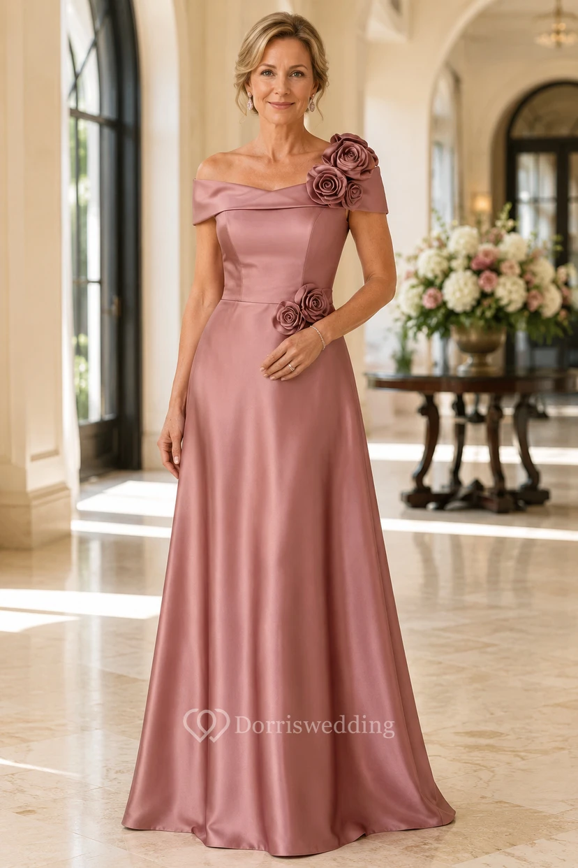 Altrosa schulterfreies Satin-Mutterkleid mit Blumenmuster