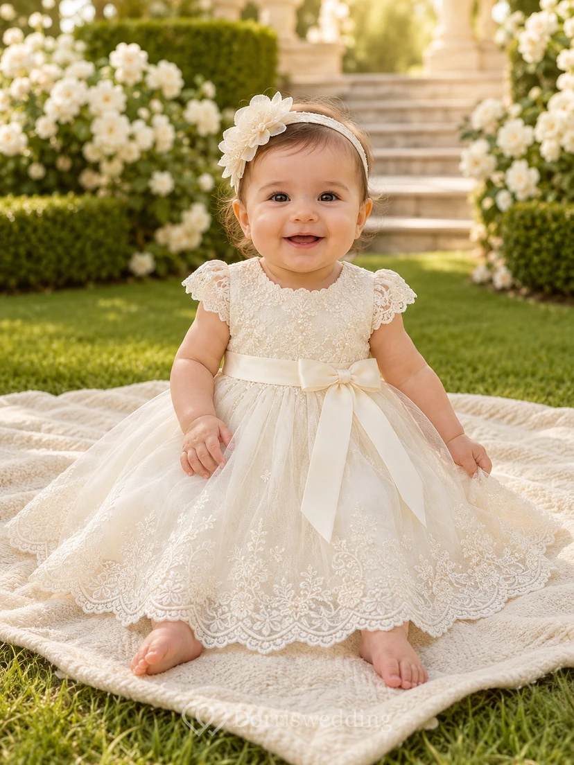 Scalloped Lace Hem Baptism Dress A-Line Tulle Jewel Neck Short Sleeve