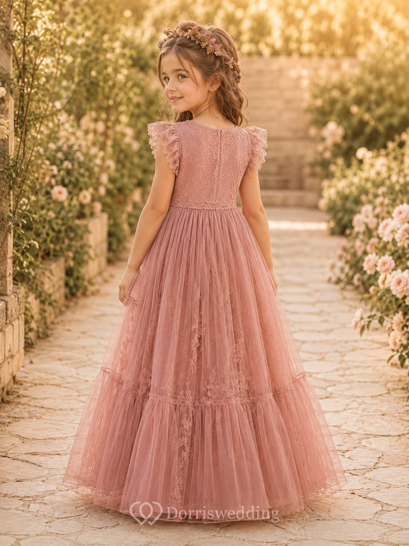 Robe de demoiselle d'honneur en dentelle rose poudré et tulle, coupe trapèze, manches courtes, col rond, jupe longue à volants view 2