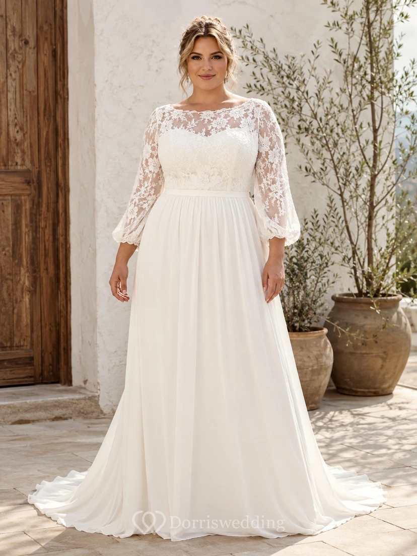 Robe de mariée bohème grande taille, manches longues bouffantes en dentelle, en mousseline, coupe trapèze, style bateau.