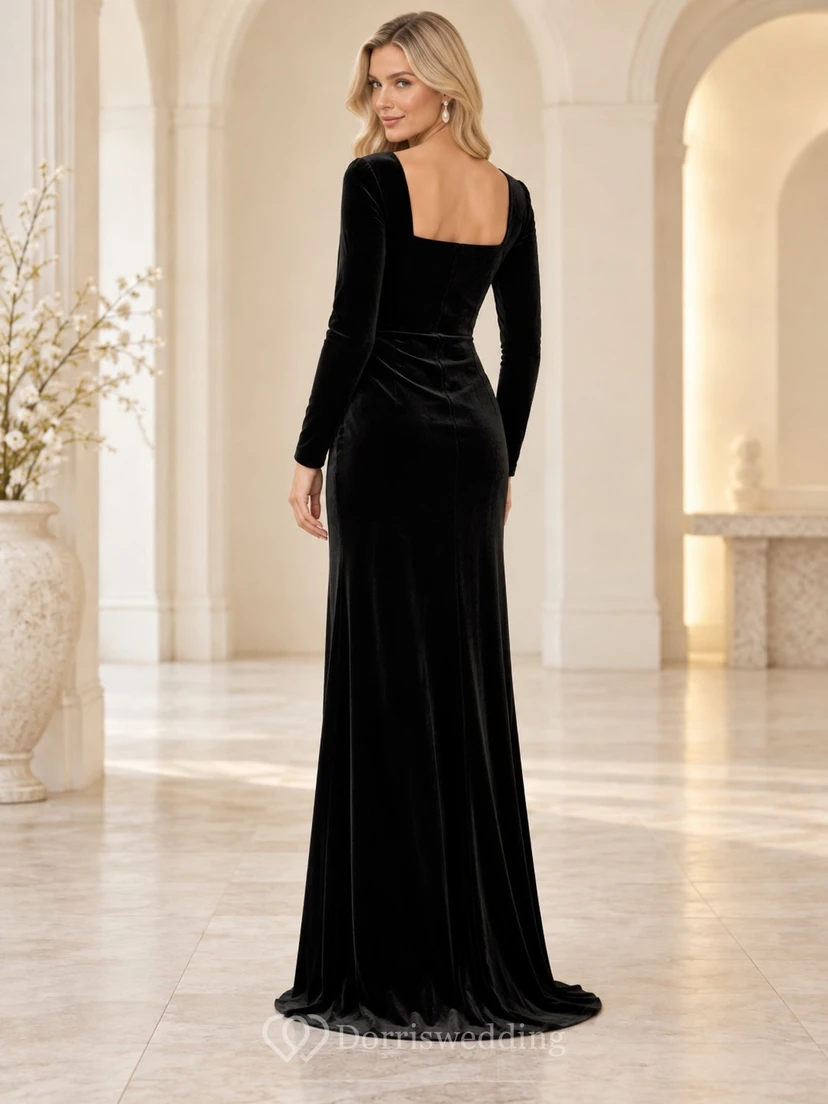 Vestido de noche formal de terciopelo negro, largo hasta el suelo, con escote cuadrado, manga larga, abertura alta y fruncido. view 2