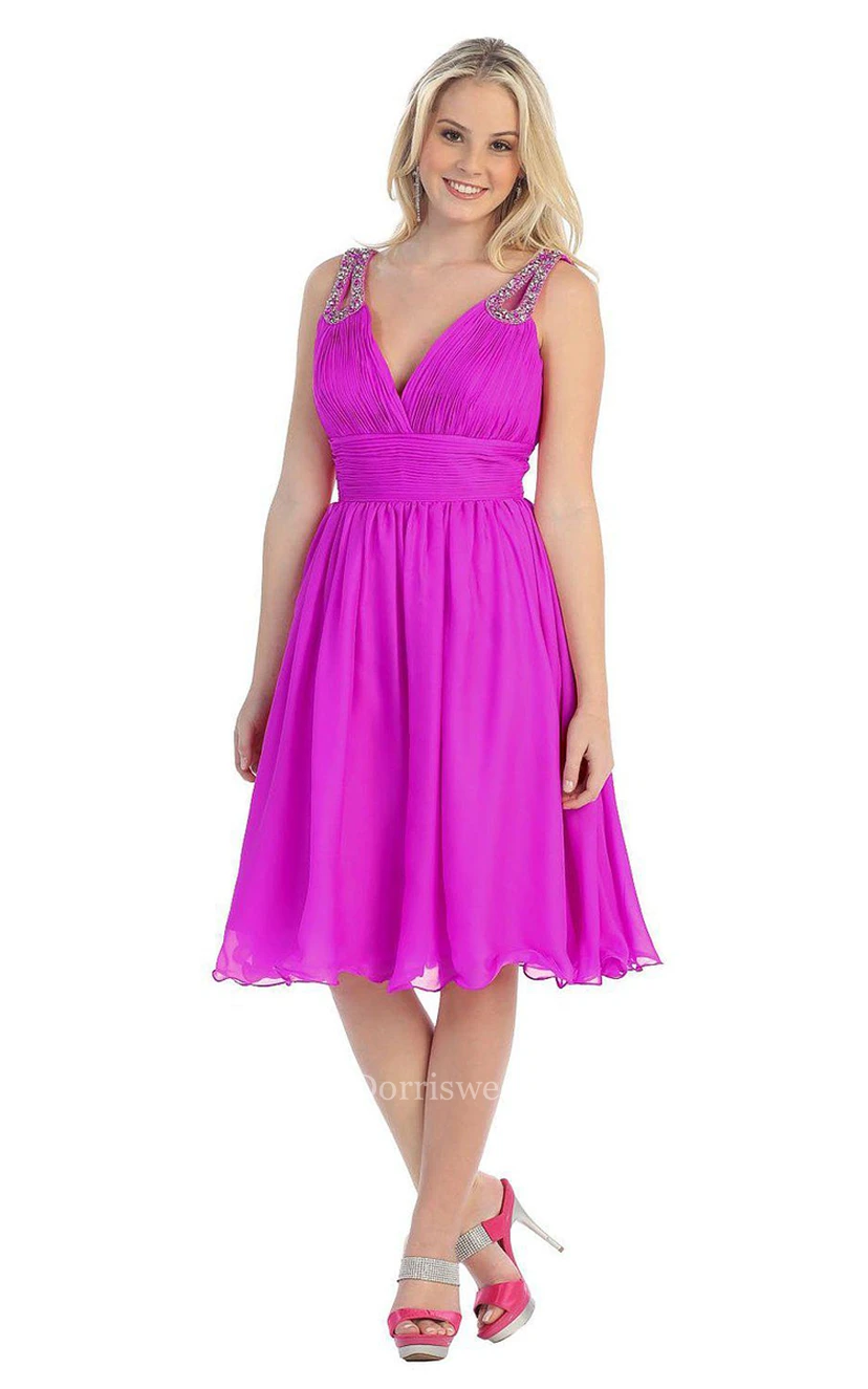 Plunging Neckline Short Chiffon Dress With Sequined Straps and V Back