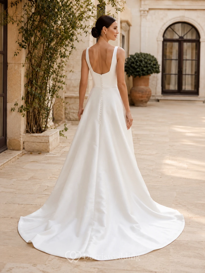Minimal Square Strap Satin A Line Chapel Train Outdoor Wedding Gown view 2