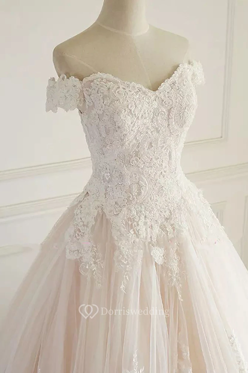 Off-the-shoulder A-line Floor-length Chapel Train Sleeveless Lace Tulle Princess Wedding Dress with Lace-up Back view 6