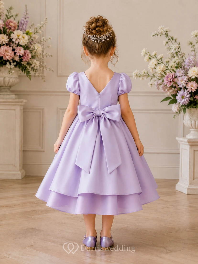 Flower Girl Dress Lavender Satin A-Line Short Sleeve Square Neck Tea Length Bow Detail view 2