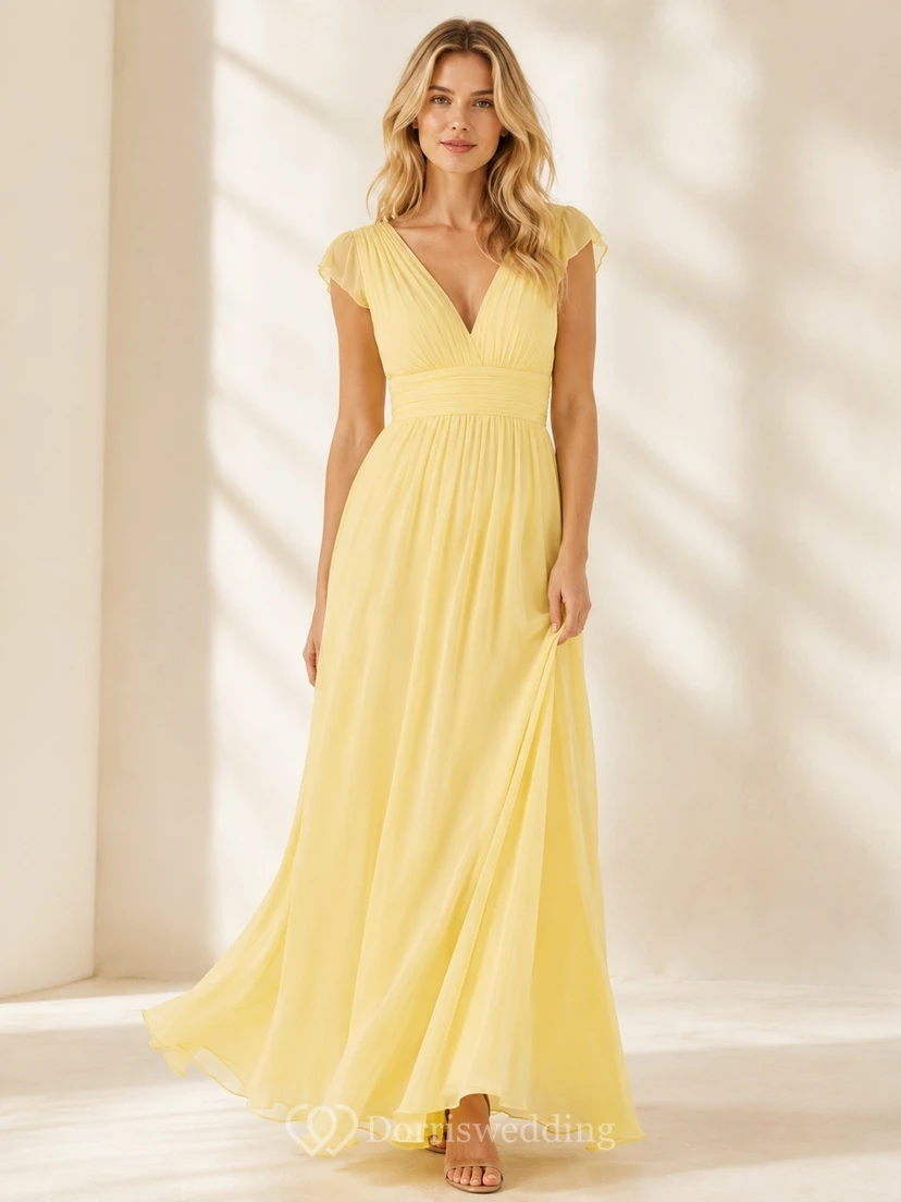 Robe d'été romantique jaune en mousseline, col V, manches courtes, coupe trapèze, longueur au sol