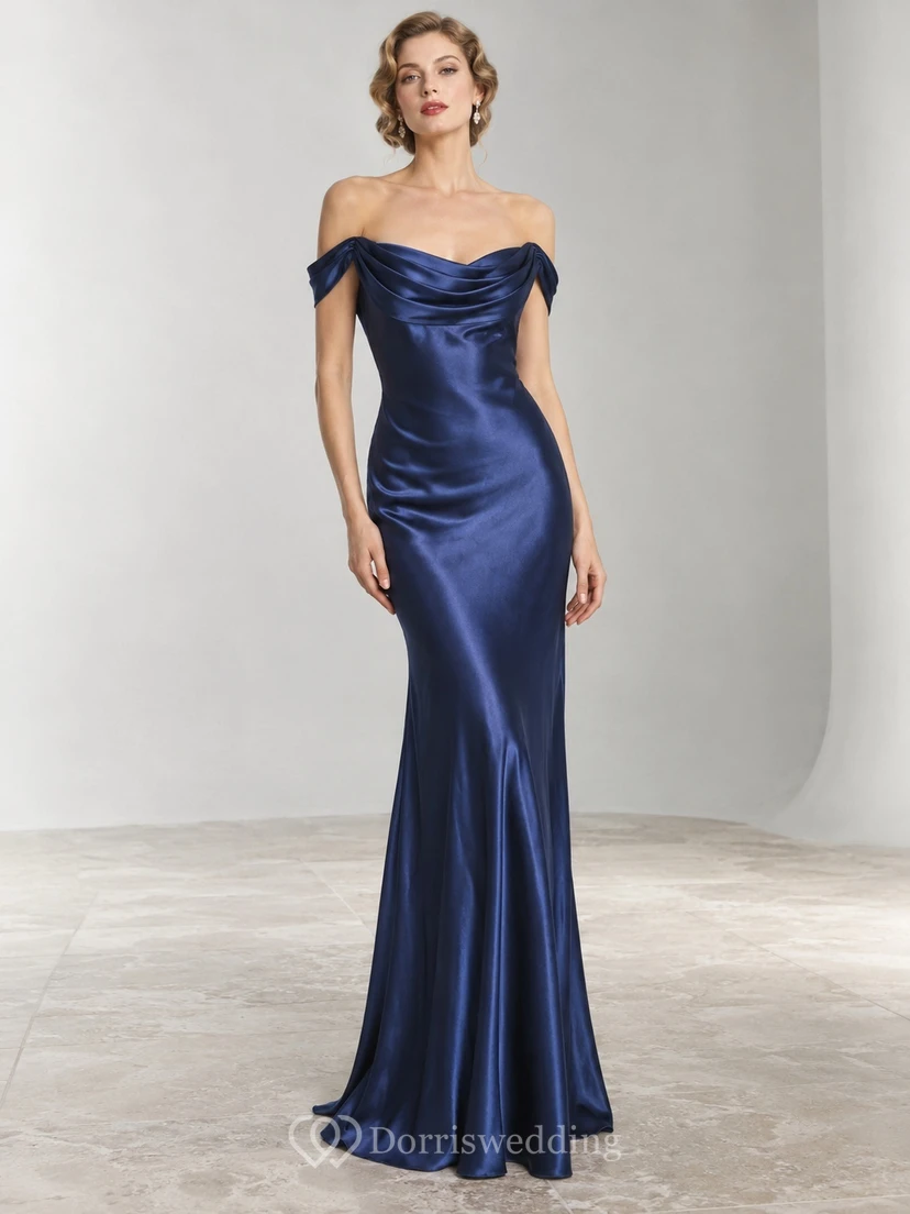 1930s Simple Royal Blue Off Shoulder Cowl Satin Evening Dress