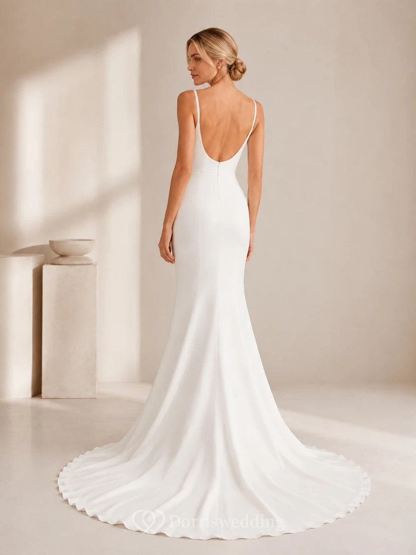 Minimalist Sheath Square Neck Crepe Wedding Dress With Court Train view 2