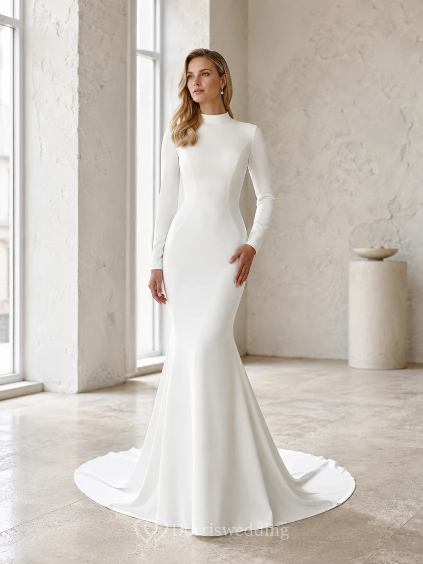 Minimalist High Neck Long Sleeve Mermaid Keyhole Back Sweep Train Wedding Dress