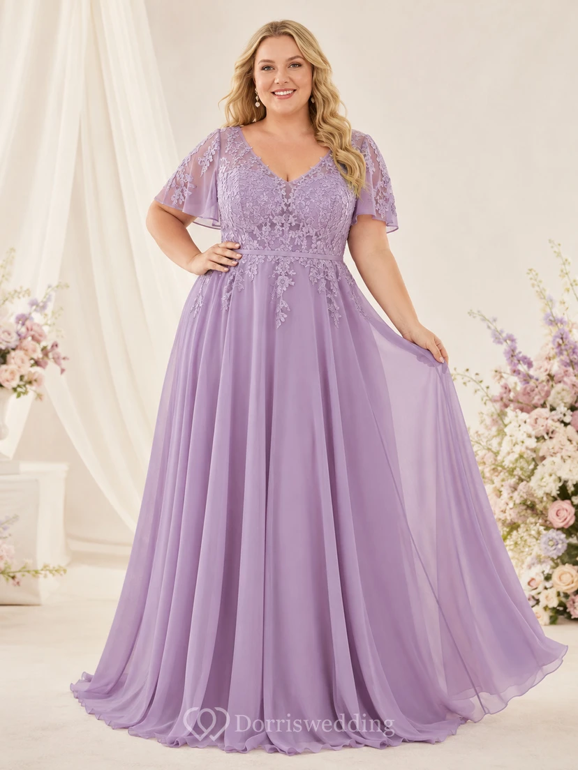 Lavender Plus Size V-Neck Flutter Sleeve Chiffon Wedding Dress