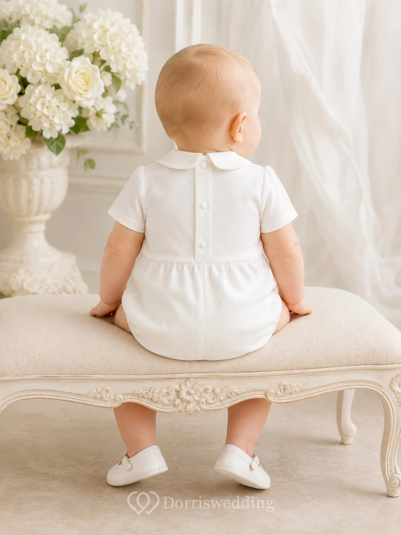 White Pintuck Button Bib Short Sleeve Infant Baptism Romper for Baby Boy view 2