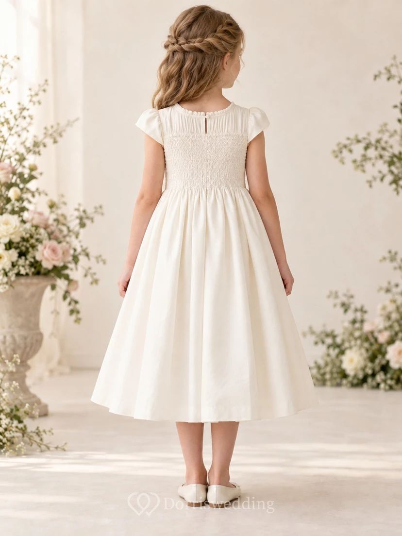 Tea-length Country Simple Ivory A-line Smocked Cap-sleeve Gathered Flower Girl Dress view 2