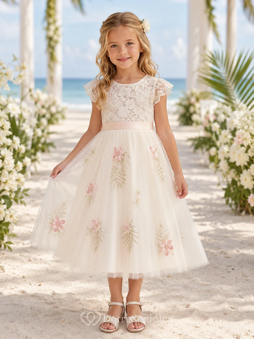 Vestido bohemio elegante para niña de las flores, cuello joya, manga corta, tul, largo midi, apliques botánicos.