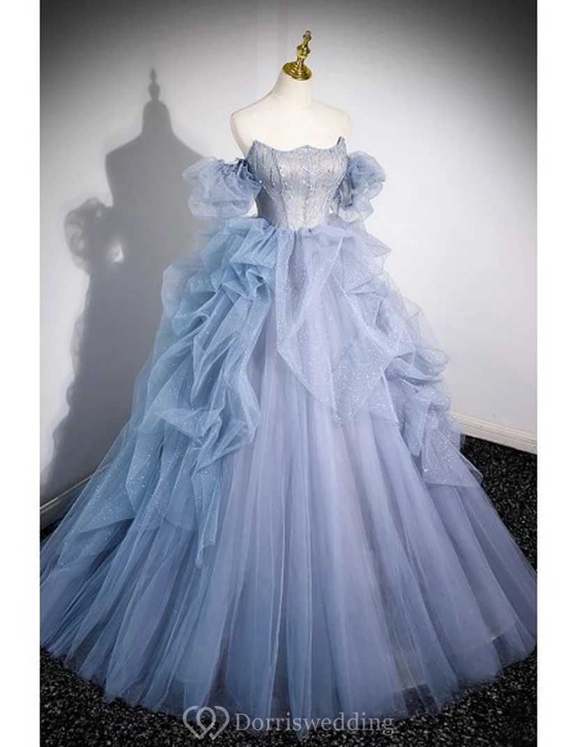 Robe de bal bleu clair à manches volantées view 14