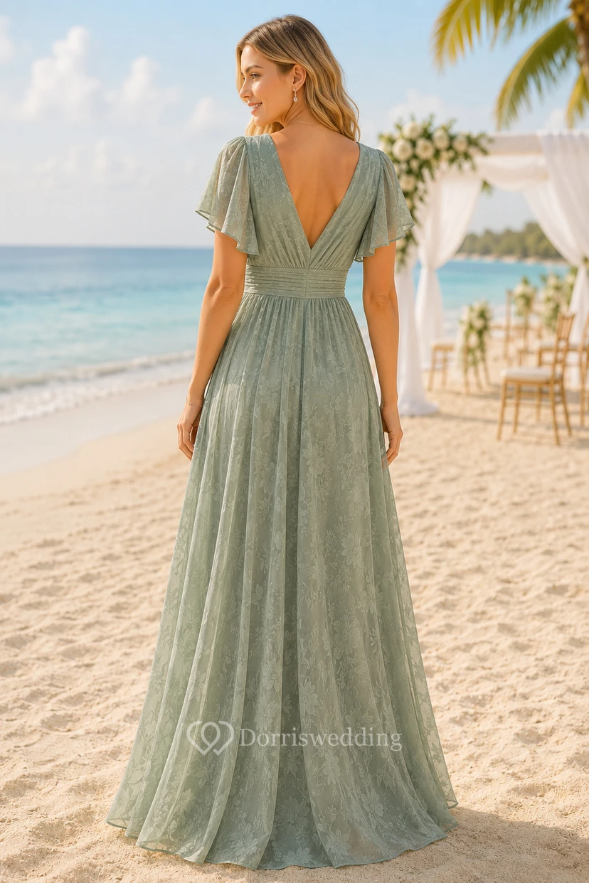 Salbeigrünes A-Linien-Strandkleid aus Chiffon mit V-Ausschnitt und Spitze view 2