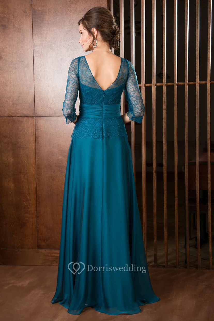 A-Line 3-4-Sleeve Maxi Scoop-Neck Lace Chiffon Mother Of The Bride Dress view 2