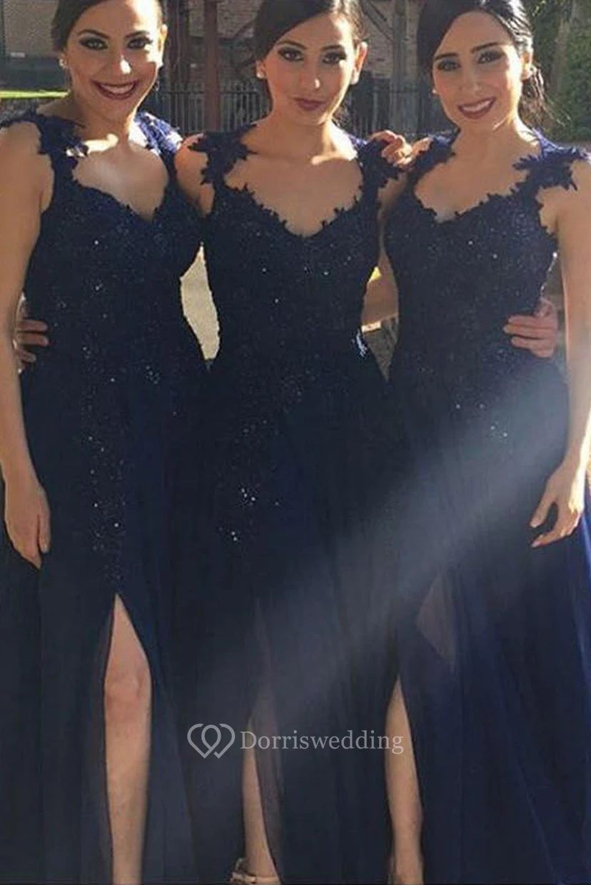 A-line V-neck Pleats Beading Appliques Split Front Sweep Train Chiffon Lace Dress