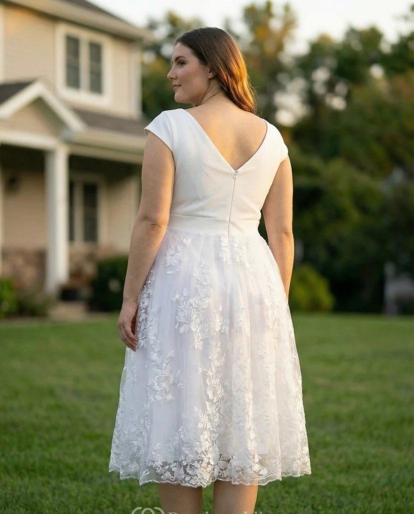 Plus Size Tea-Length Chiffon Gown with Low-V Back view 3