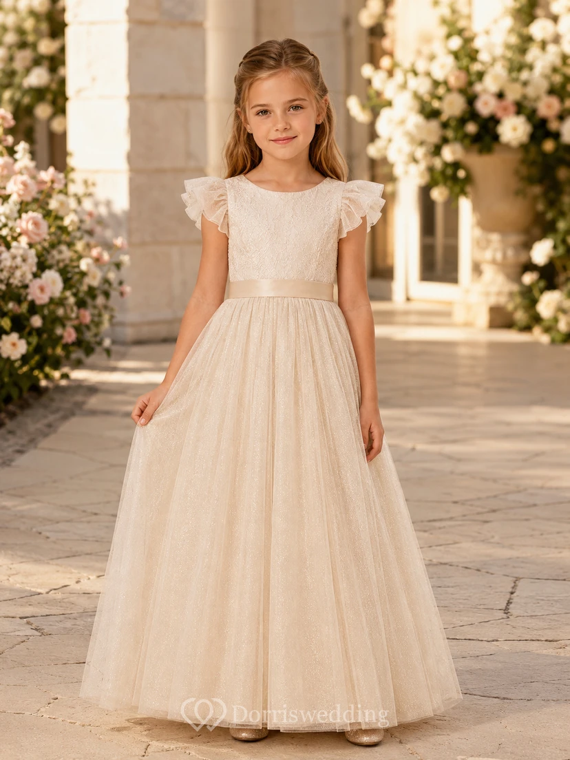 Flower Girl Dress Ivory Lace Tulle A-Line Jewel Neck Tea Length