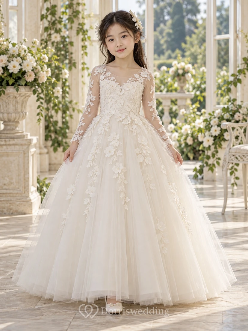 Long Sleeve Ivory Ball-gown Lace Tulle Floor-length Illusion Appliqued Flower Girl Dress