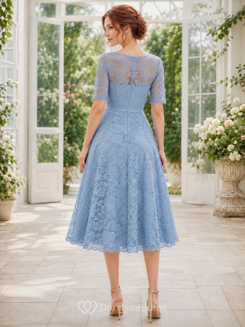 Sky Blue Lace Bateau Neck Half Sleeve Tea-length A-Line Garden Guest Dress view 2