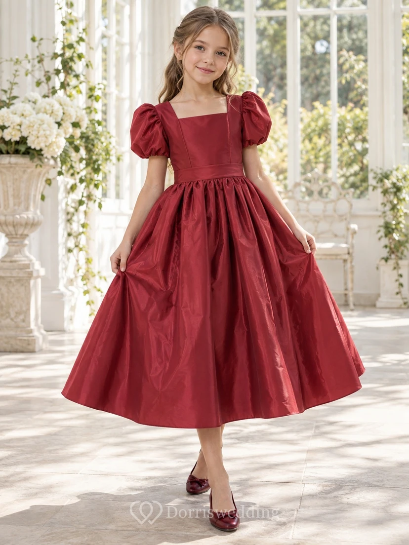 Square Neck Tea-length Cranberry Puff Sleeve Taffeta Flower Girl Dress