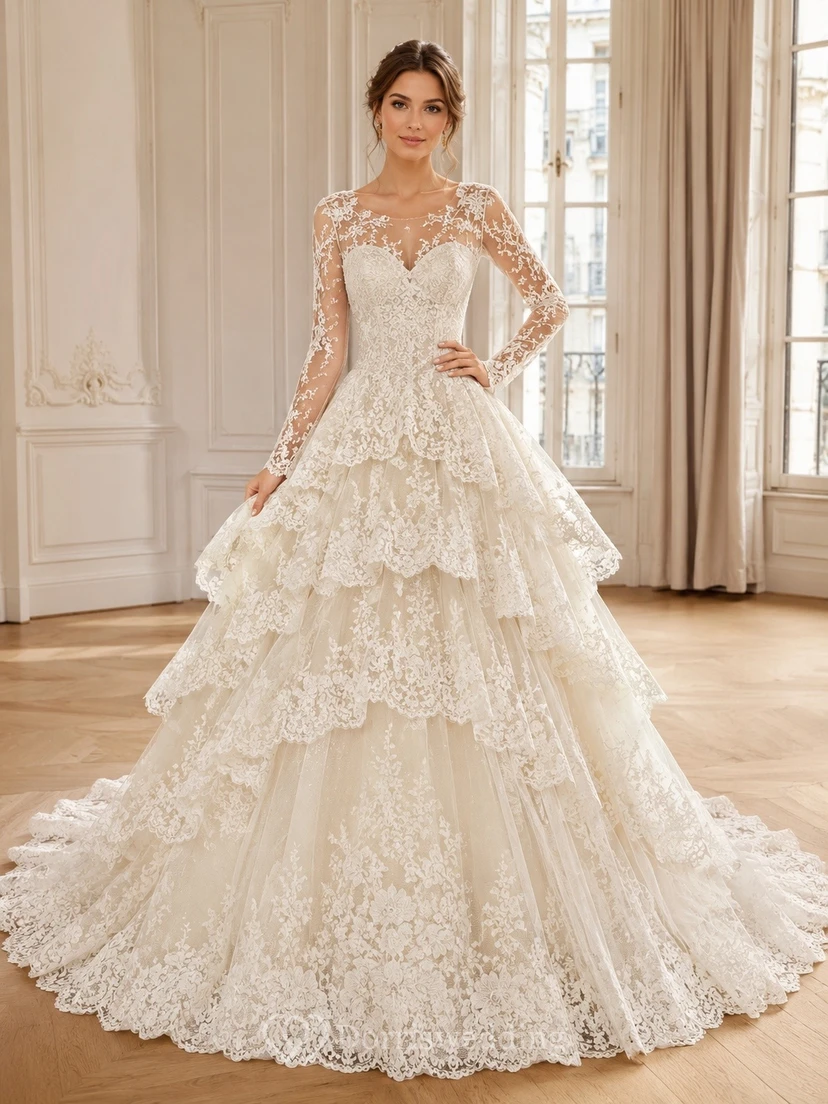 Langärmeliges Ballkleid mit Spitze, Rüschen und Kathedralenschleppe – formelles Hochzeitskleid