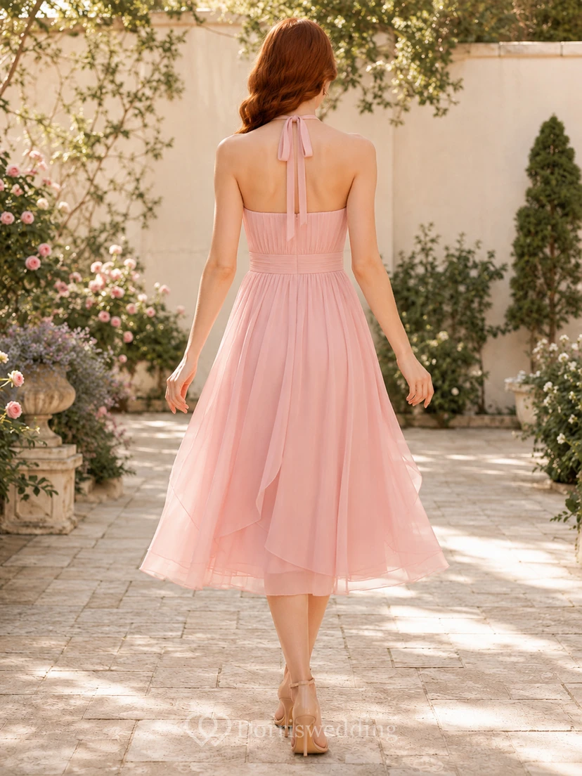 Blush Halter Chiffon Tea-Length Cocktail Dress view 2