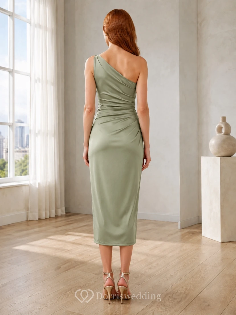 Sage One-shoulder Ruched Satin Sheath Tea-length Slit Cocktail Dress view 2
