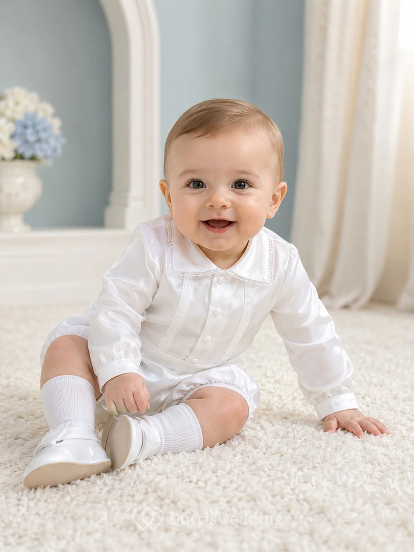 Pelele de manga larga con babero de encaje blanco para bautizo de bebé niño