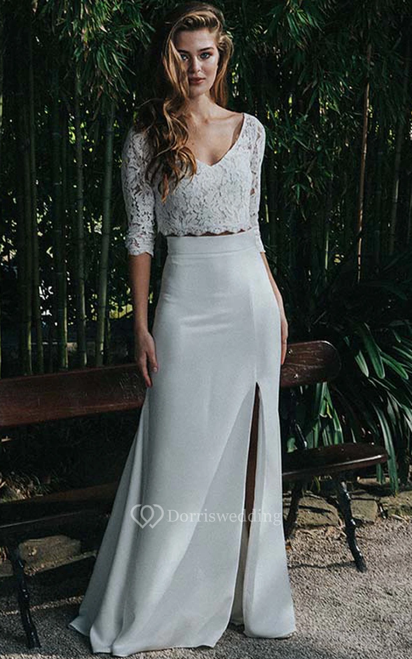 Zweiteiliges Brautkleid mit V-Ausschnitt, halblangen Ärmeln, vorderem Schlitz und Spitzenoberteil