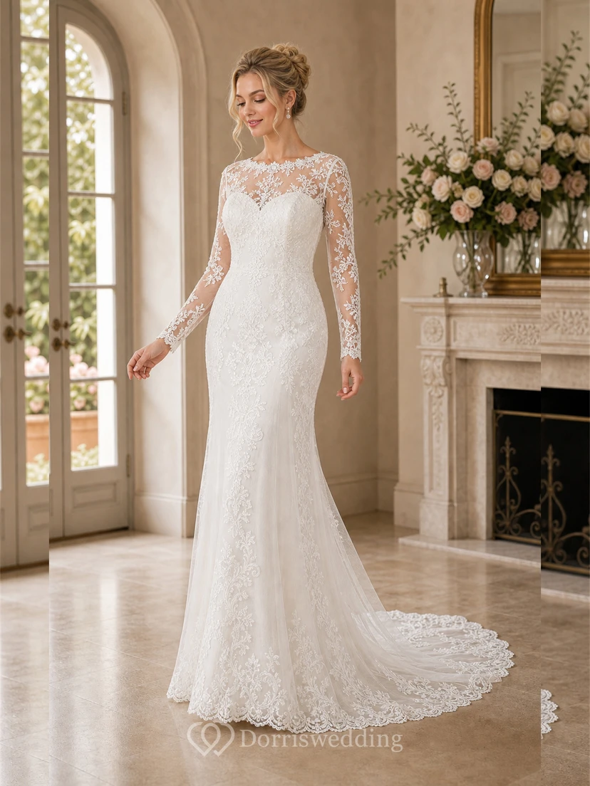Sheath Long-Sleeve High Neck Tulle&Lace Wedding Dress With Sweep Train view 2