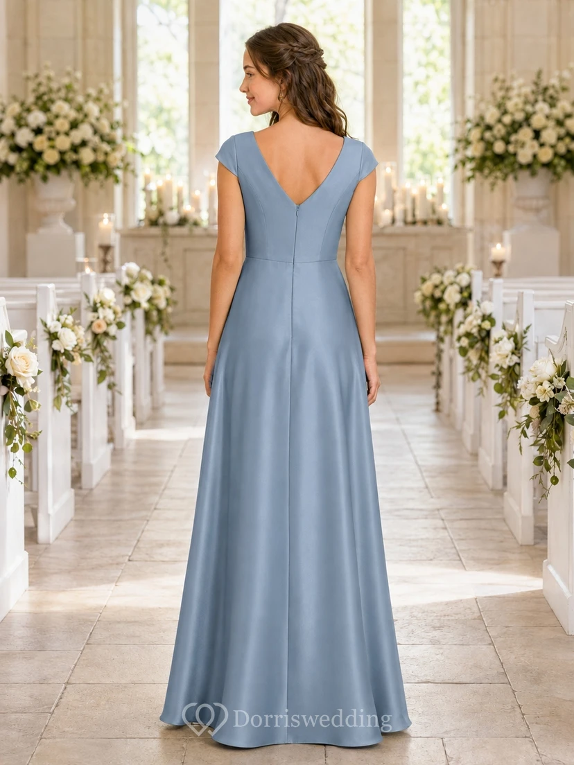 Elegantes, stahlblaues Brautjungfernkleid für junge Damen, A-Linie, V-Ausschnitt, kurze Ärmel, Blütenblatt-Satin view 2