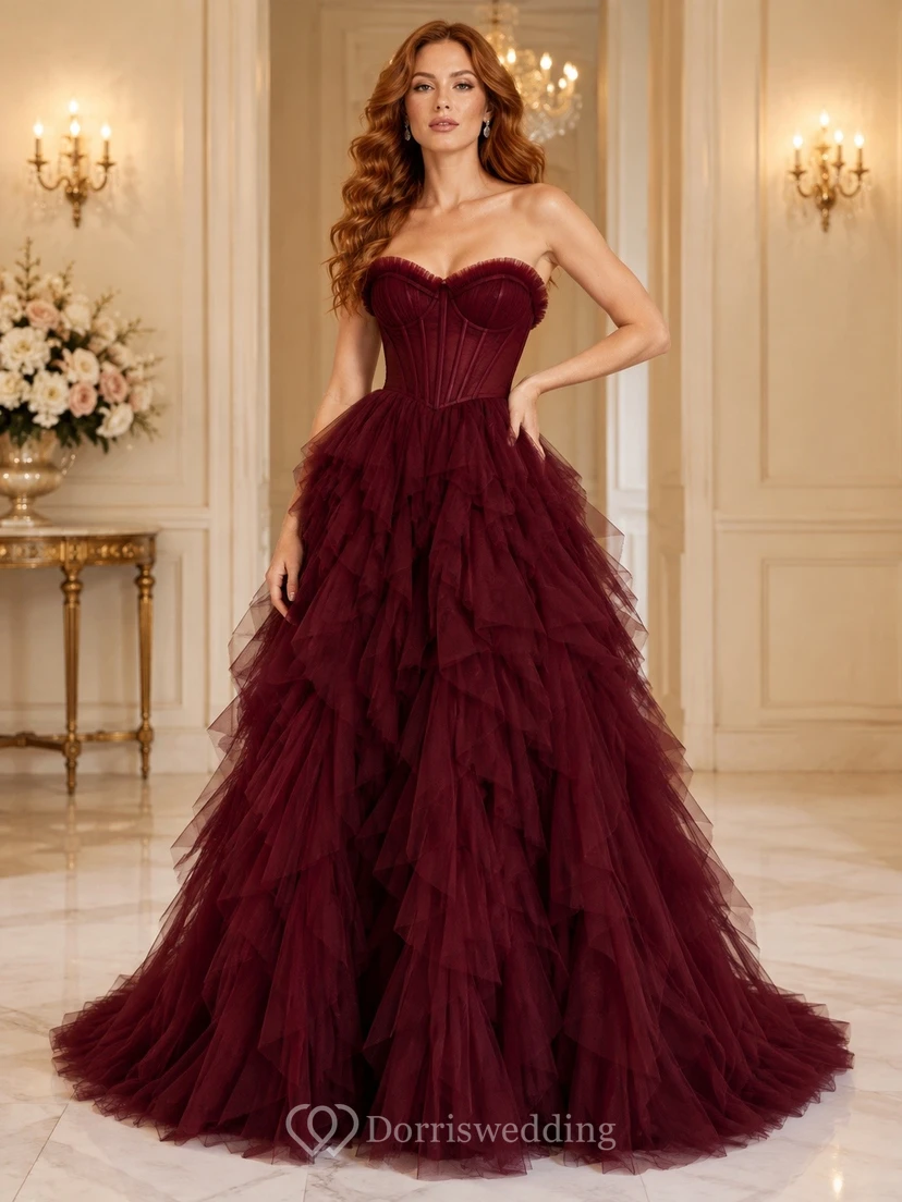 Burgundy Strapless Sleeveless Cascading Ruffle Tulle Ball Gown Dress