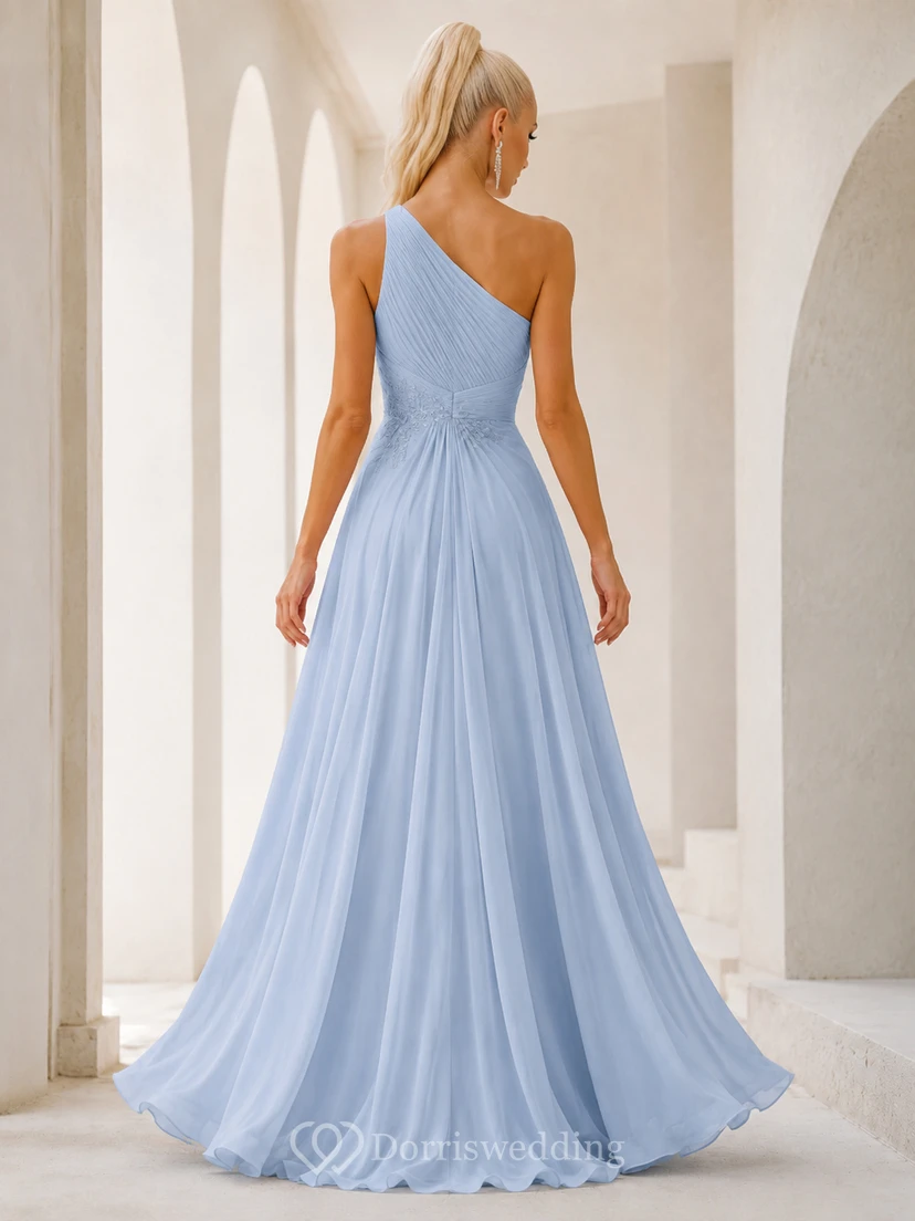 Powder Blue One Shoulder Pleated Chiffon A-Line Front Slit Prom Dress view 2