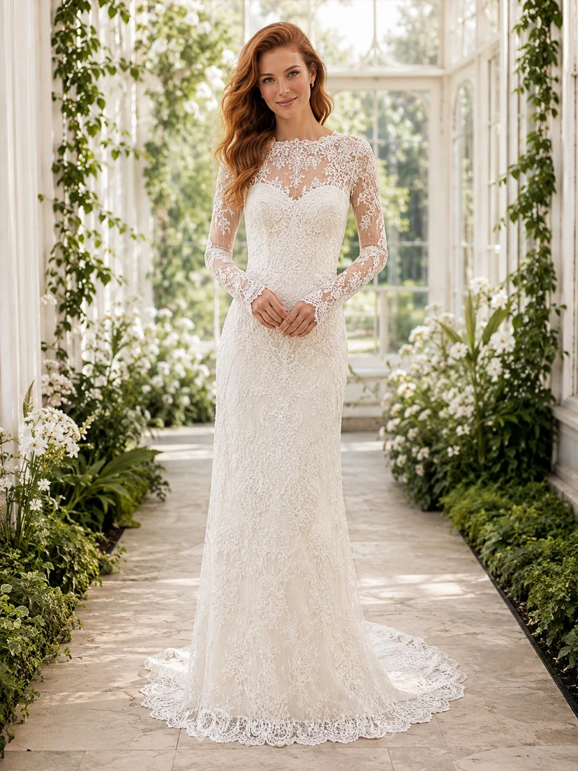 Robe de mariée sirène en dentelle polie, col montant illusion, manches longues transparentes, traîne chapelle, applications florales, style pavillon