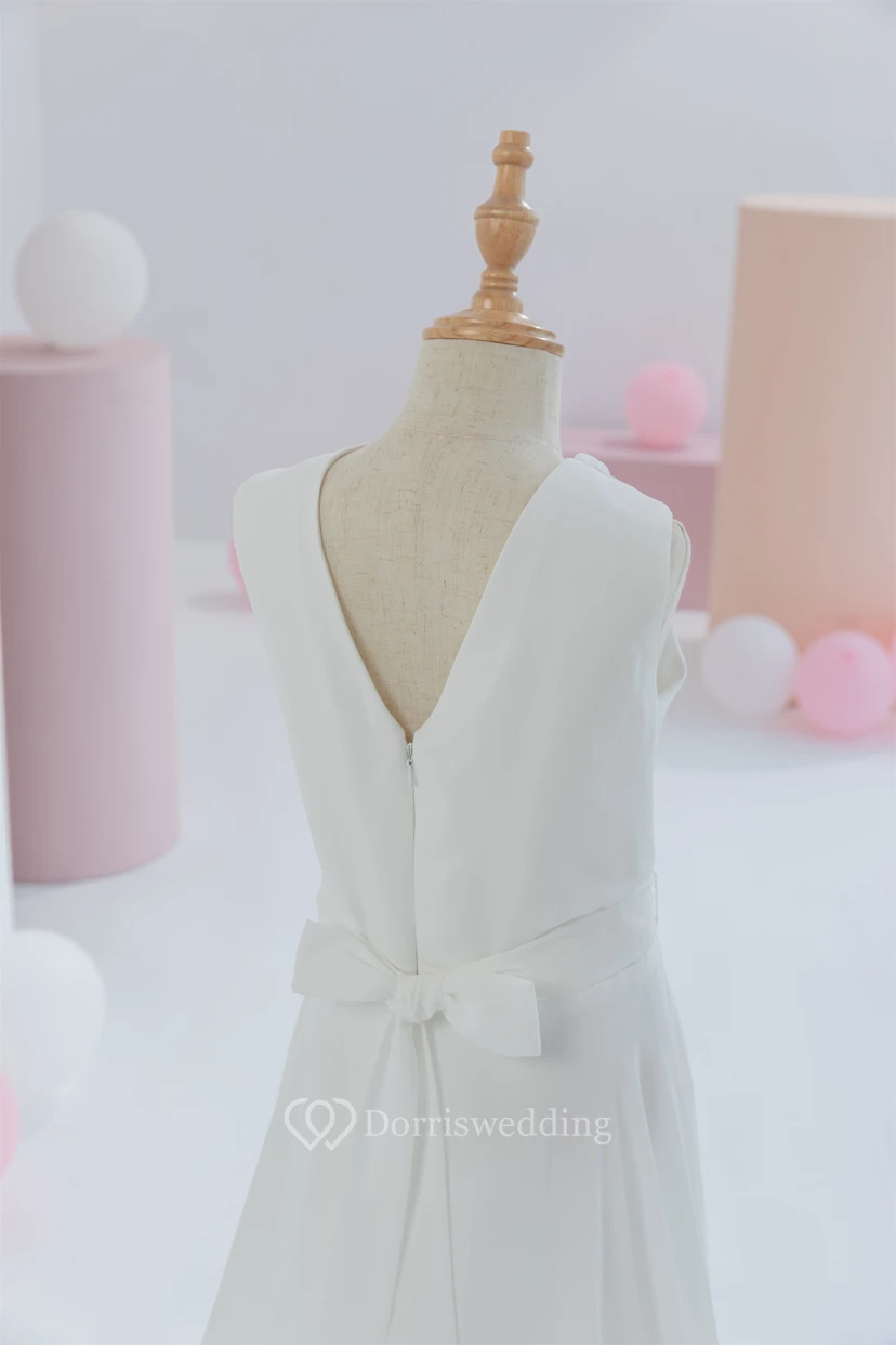 White First Communion Cowl-neck Sleeveless Floor-length Flowergirl Dress view 10