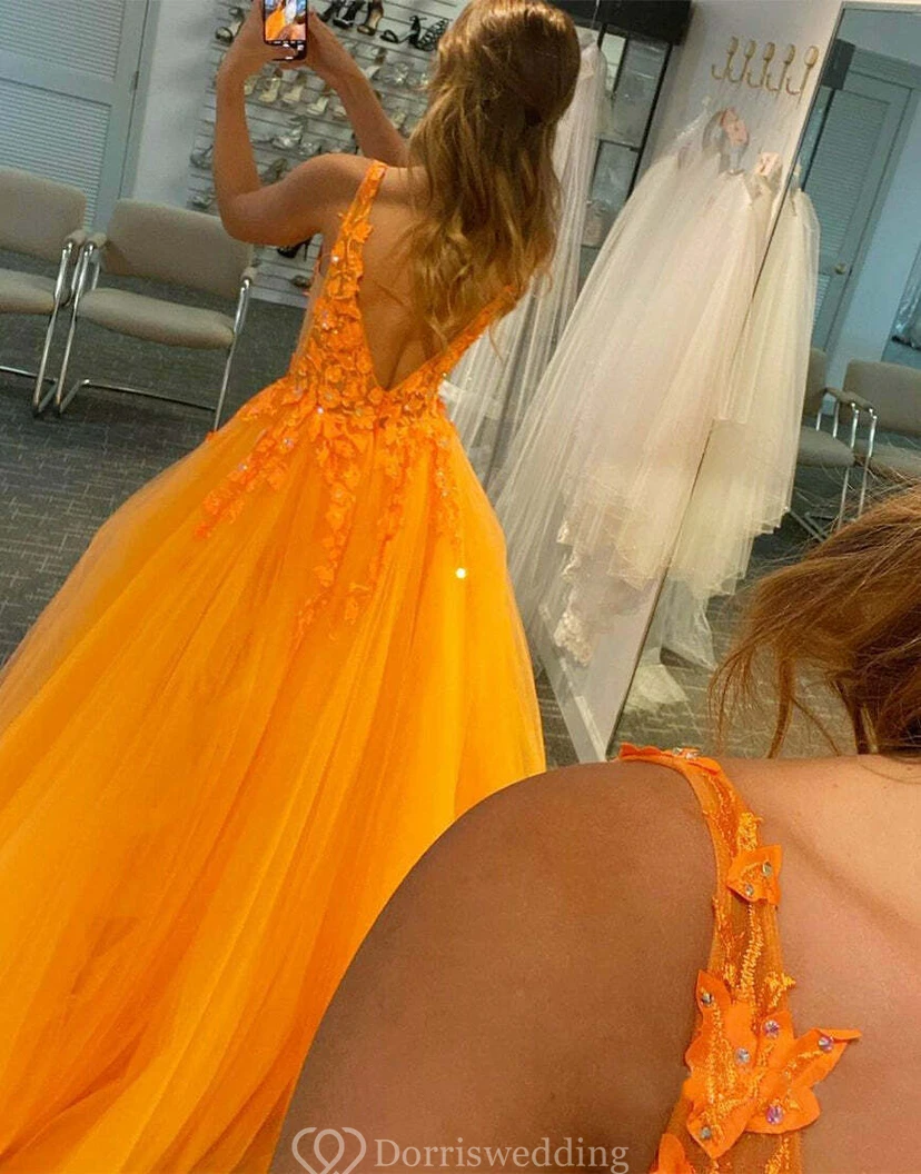 Orange Floral Appliqué Ball Gown view 3