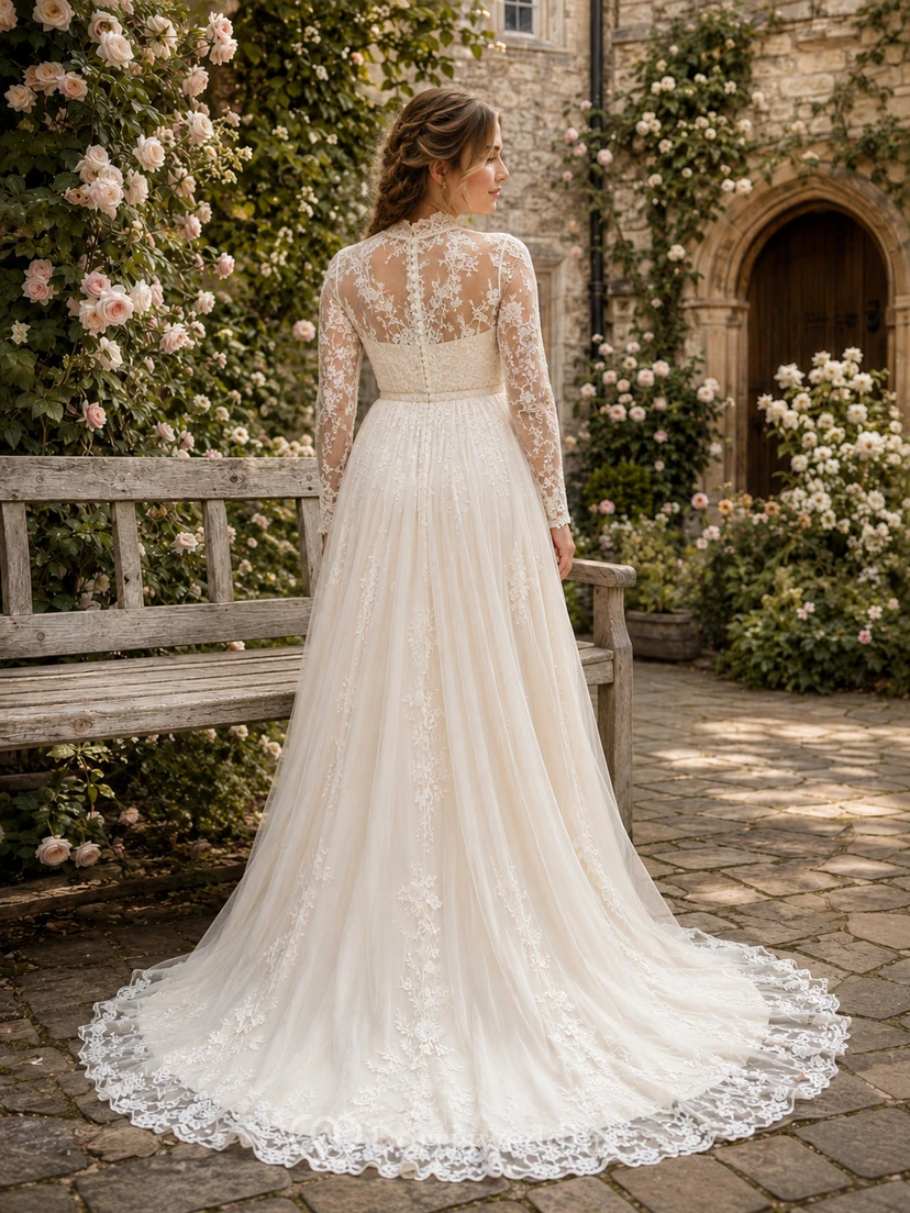 Umstandskleid mit hohem Kragen, langen Spitzenärmeln und Schloss-Hochzeitskleid view 2