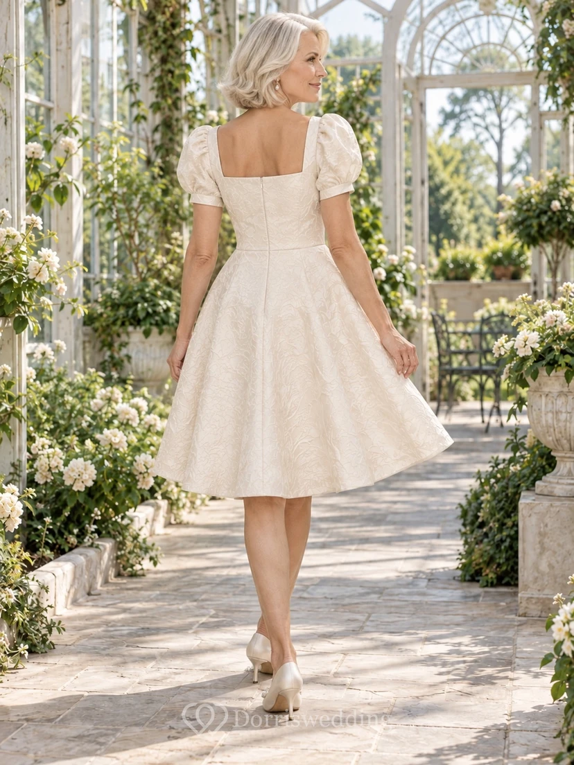 Modest Square Neck Knee Length Wedding A-Line Floral Dress for Older Brides with Puff Sleeves view 2
