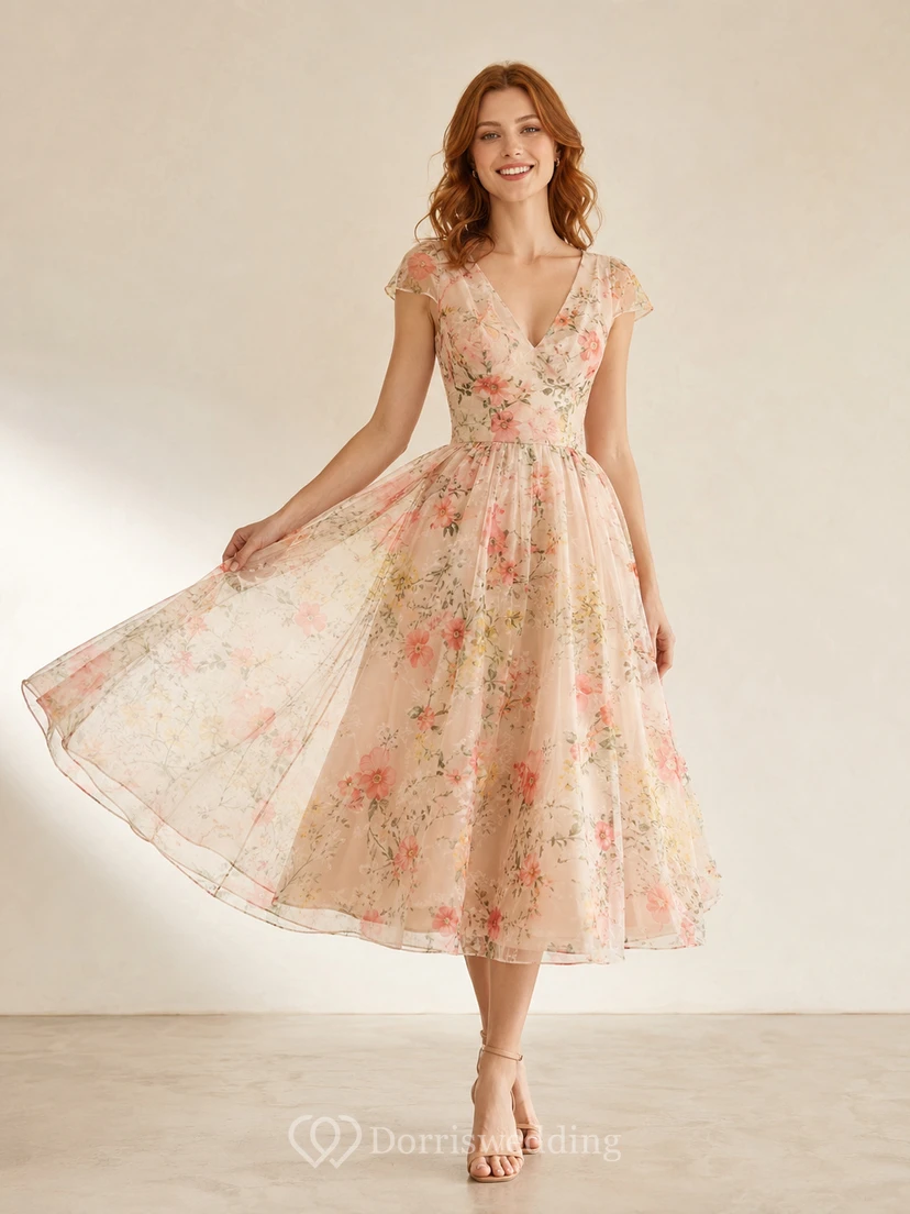 Robe trapèze à col V et manches courtes en organza fleuri pêche