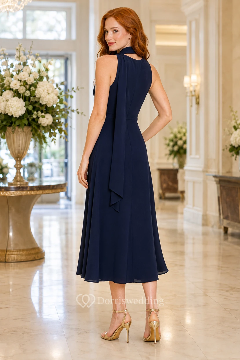 Vestido de gasa azul marino oscuro de corte A con escote halter y largo hasta la rodilla view 2