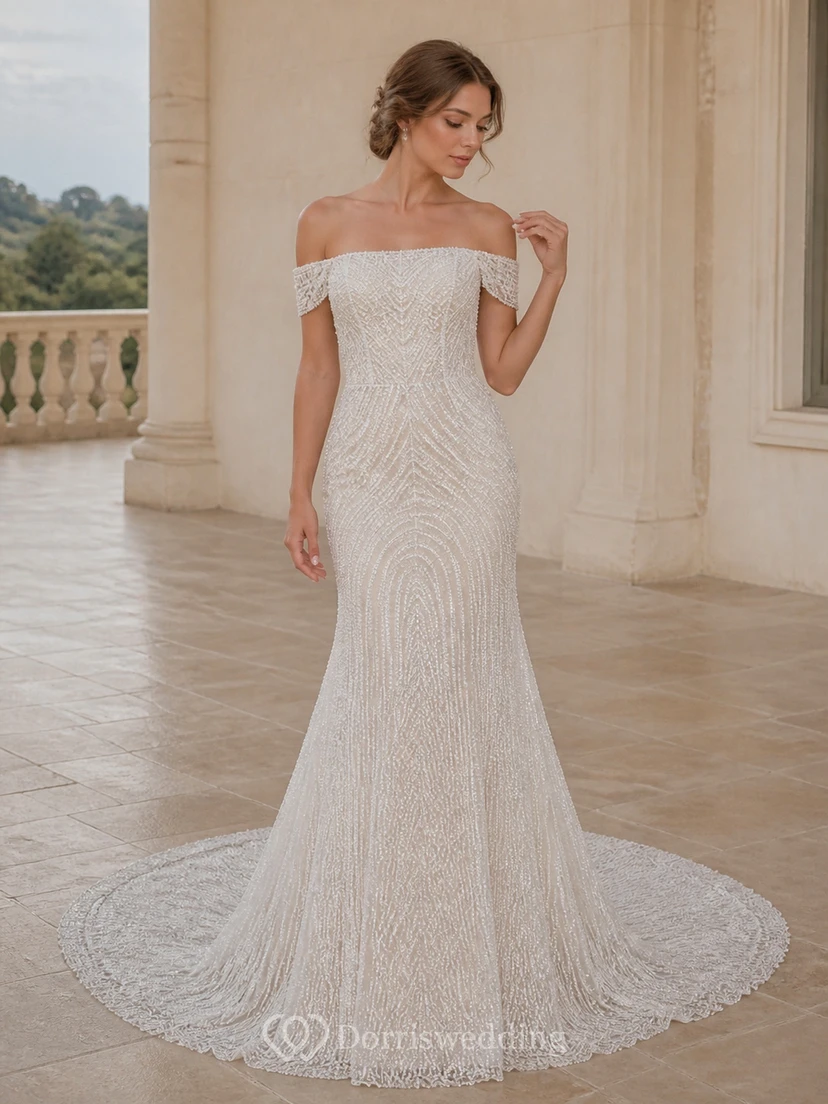 Sexy vestido de novia de sirena con escote Bardot, encaje y pedrería, cola catedral