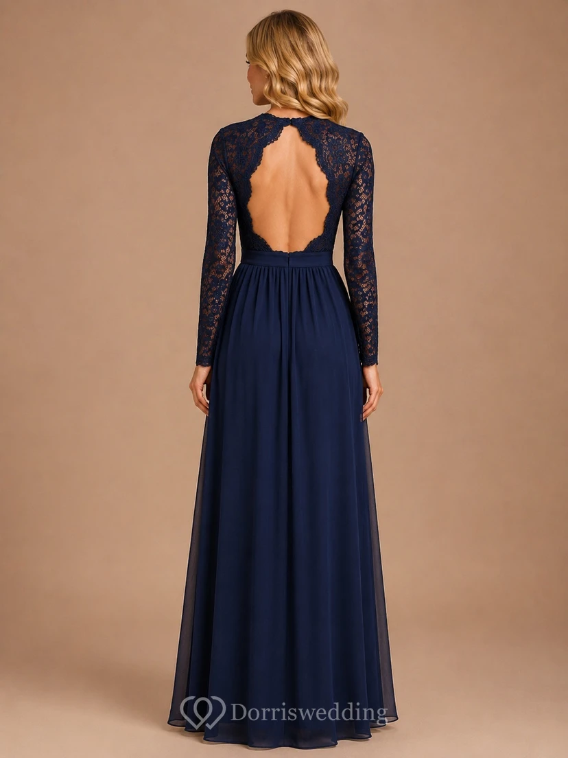 Ink Navy Lace Long Sleeve A-Line V-Neck Floor Length Modest Formal Gown view 2
