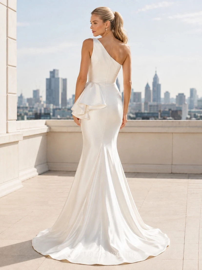 Mermaid Square Modern Neck Satin Bridal Refined Wedding Dress view 2
