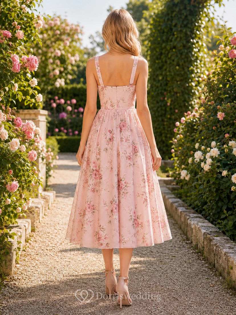 Blush floral spaghetti strap A-line garden party midi dress view 2