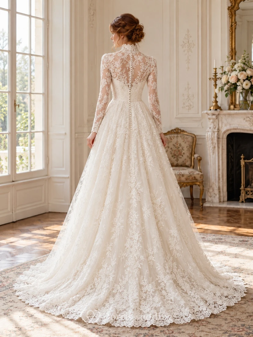 Vintage High Neck Long Sleeve Dense Lace A-Line Wedding Dress view 2