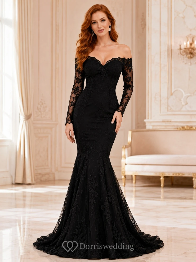 Black Off-the-shoulder Long Sleeve Lace Mermaid Floor-length Sweep Train Formal Dress