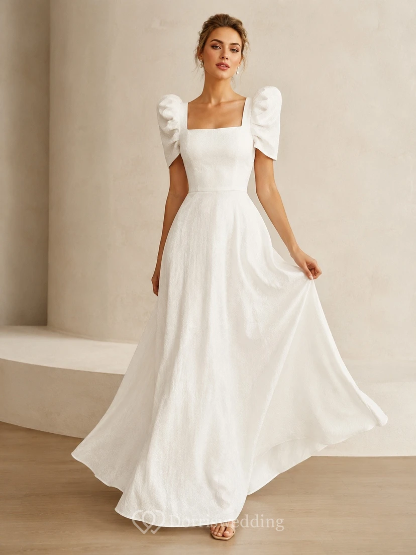 Bridal Romantic Square Satin Short-Sleeve A-Line Floor-Length Wedding Dress
