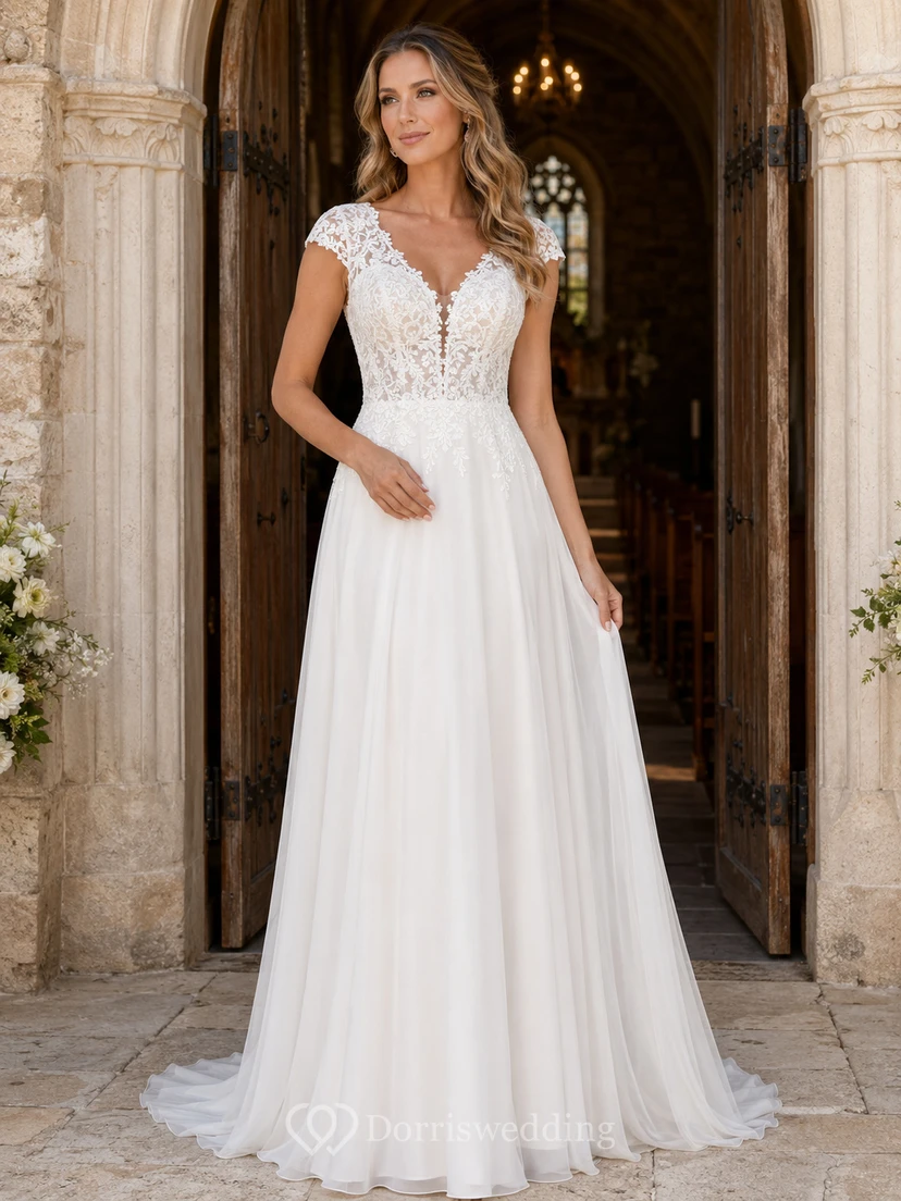 A-Linien-Brautkleid mit kurzen Ärmeln, Spitzenoberteil und Tüll
